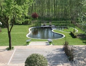 large garden with pond